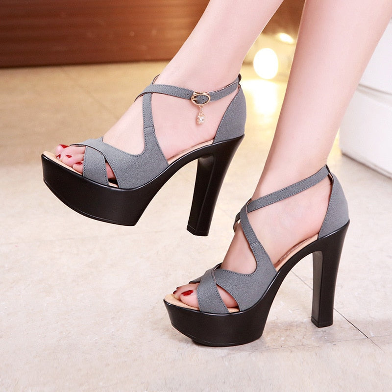 Small Size 32-43 Block High Heels Gladiator Sandals Women Shoes Suede 2023 Summer Sexy Platform Shoes for Office Dance Model