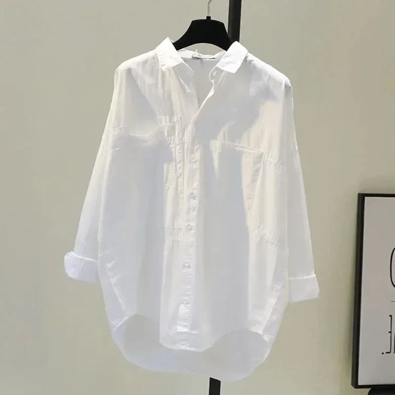 2026 Button Simple Woman Clothes Long Sleeve White Women Shirt New Autumn Casual Loose Office Blouse Lady Tops