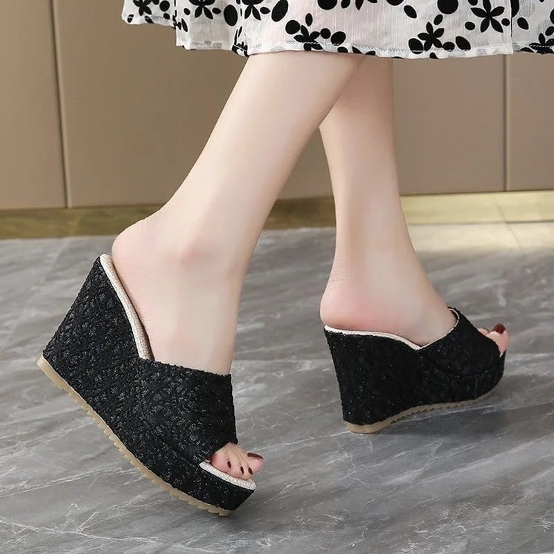 Slippers Women Heeled Sandals Ladies Shoes Heels Platform One Word Slipper Designer Wedge Suede Large Size Waterproof Summer New