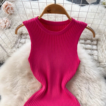 Summer Knitted Bodycon Sexy Dress 2026 O Neck Sleeveless Ruffled Party Sundress High Street Elastic Slim Short Dress