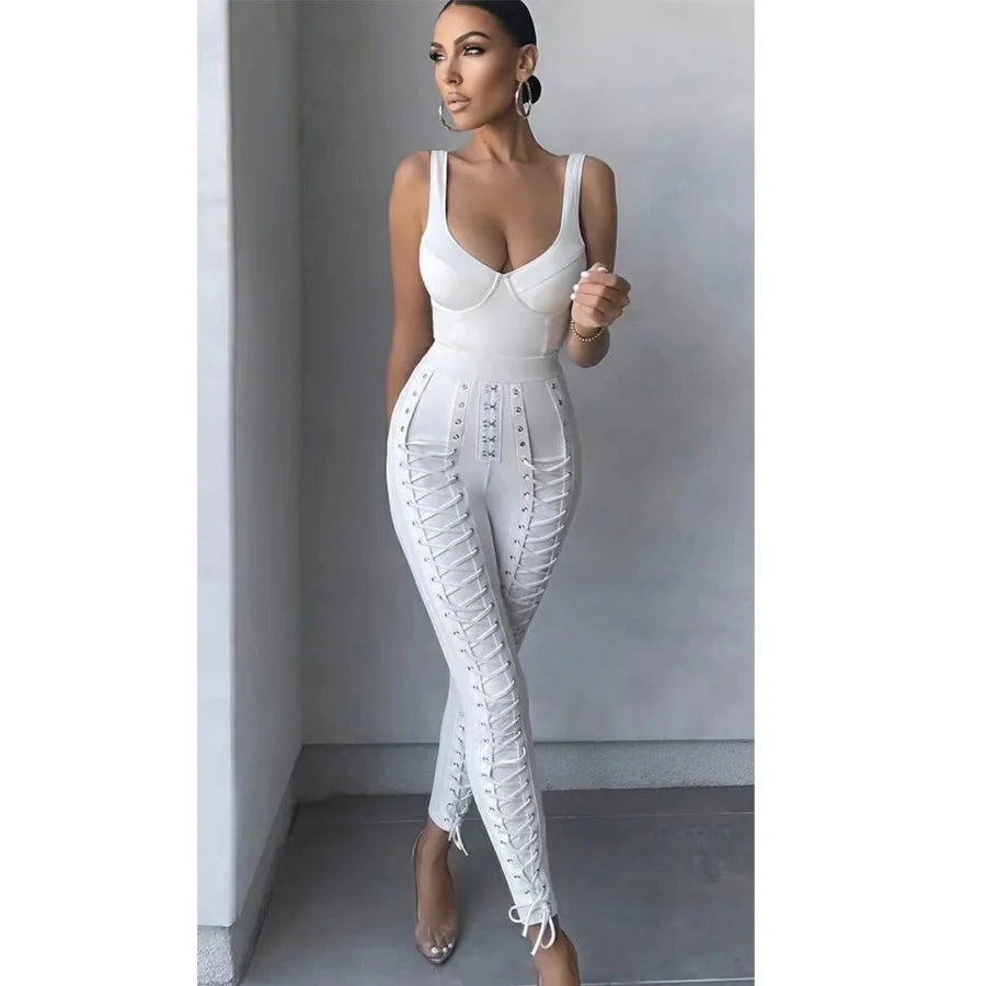 Shipping European Style High Free waist Sleeveless V neck Sexy lady bandage jumpsuit tight long pants one-pcs garment jumpsuit