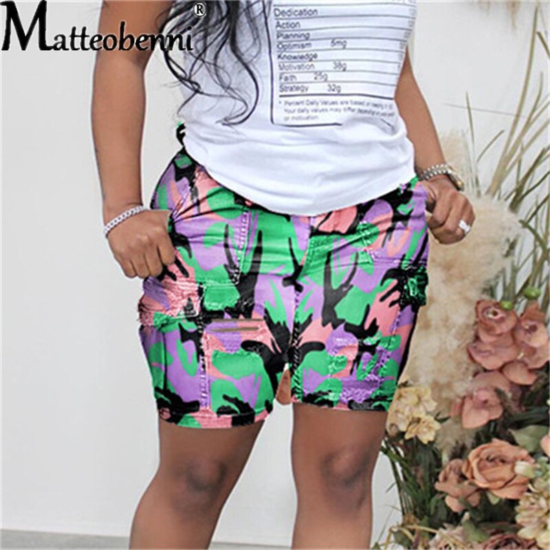 New Sexy Fashion Women Ladies Camouflage Print Denim Skinny Shorts High Waist Bodycon Slim Jeans Knee Length Stretch Short Jeans