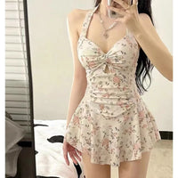 Sexy Halter Neck One Piece Swimsuit Women Elegant Modest Tummy Control Push Up Slimming Beachwear for Hot Spring Vacation