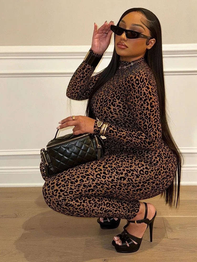 Nibber See Through Sexy Leopard Mesh Jumpsuit Women Sexy Hipster Zip Stretch Midnight Workout Autumn Fitness Street Overalls