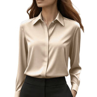 2025 New Women's Long-sleeved Shirt 10 Color Lapel Satin Button Cardigan Office Commuting Elegant Simple Top Basic Blouses