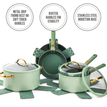 Pots and Pans Set Non-Stick 12-Piece Cookware Set, Green Nonstick Cooking Pots Sets
