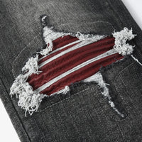 Fashionable new men's jeans with pleats, washed water, nostalgic perforations, red patches, men's black and gray jeans, high str