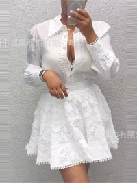 Fashion White Lace Patchwork Long-sleeved Shirt Women Dress Set Autumn New Elegant Lace Lace Short Skirt Woman 2 Piece Skirt Set
