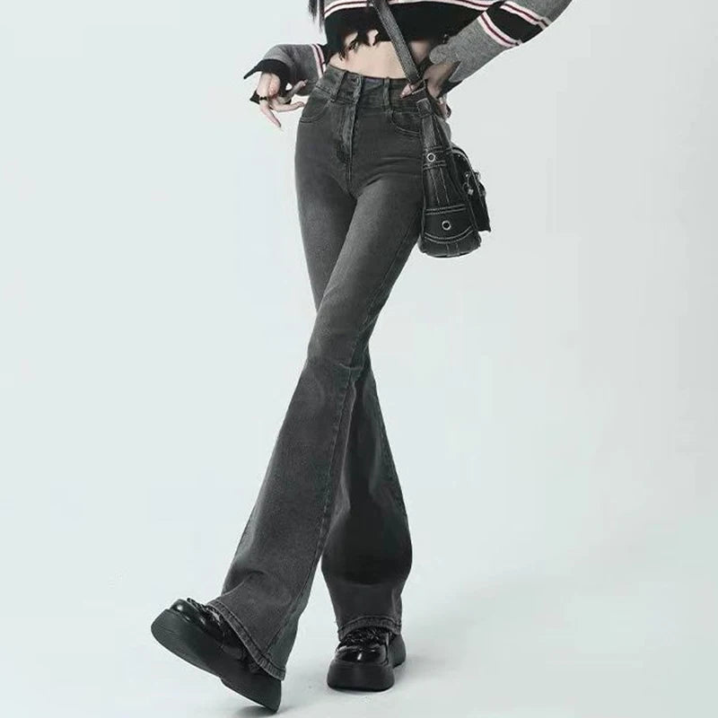 Summer Flared Jeans Women Cotton Vintage Blue Denim Pants Streetwear Elastic High Waist Slim Harajuku Trousers