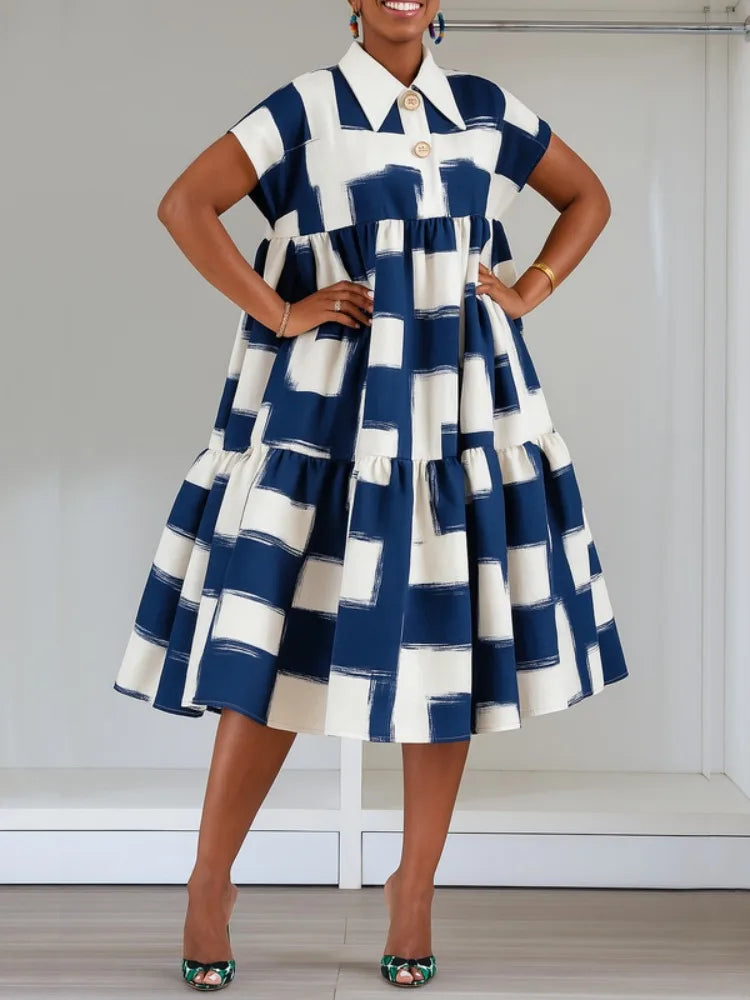 Yeezzi Women's Plaid Contrast Color Pleated Lapel A-line Dress Short Sleeves High Waisted Loose Casual Office Midi Dresses 2025