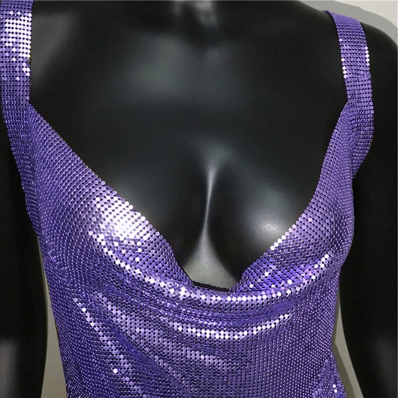Sexy Metallic Sequin Mini Dress For Women Backless Cocktail Club Glitter Low Cut Halter Dress Rave Party Nightclub Dresses