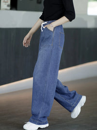 New Women's Blue Elastic Waist Denim Jeans， Casual Outdoor Denim Trousers, Suitable for Office, Vacation and Various Occasions