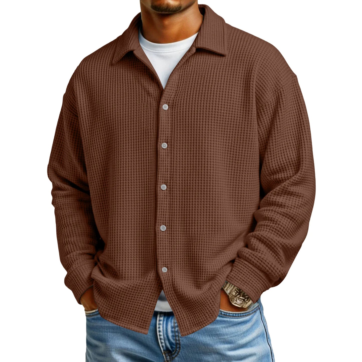 Men Casual Button Down Shirt Long Sleeve Collar Shirt Waffle Texture Loose Fit Fashion Men Top Trendy Outfit Daily Wear
