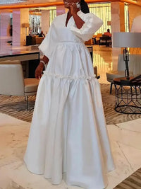 Women Minimalist Solid Color Puff Sleeves Falbala Party Evening Dress  New Spring Autumn Loose Casual Maxi Dresses