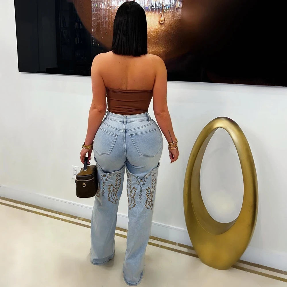 2025 Summer Fashion Woman Vintage Embroidery Denim Trousers Casual High Waist Straight Leg Jeans Women Street Clothes Jean Pants