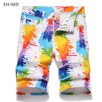 Summer Men Graffiti Jeans Shorts Color Pockets High Elastic Breathable Middle Pants Worn 3D Printing Zipper Fit Rainbow Fashion