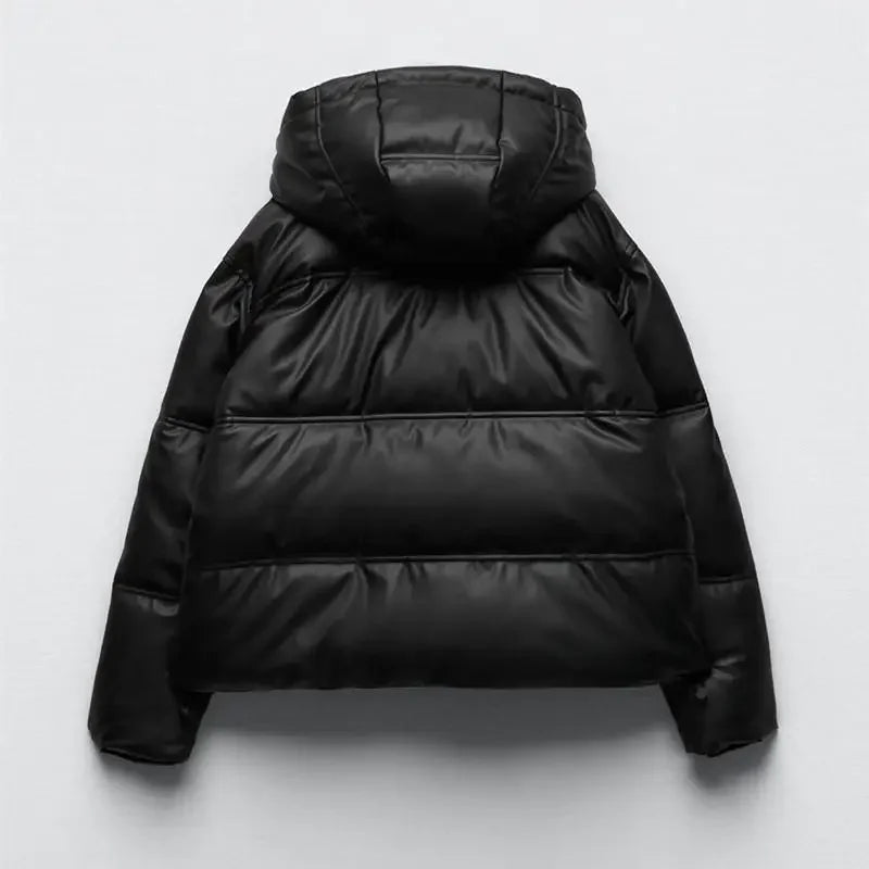 Winter Women Faux Leather Puffer Jacket 2024 Warm PU Snow Hooded Parka Female Casual Loose Coat Zipper Long Sleeve Overcoat