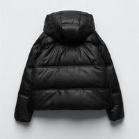 Winter Women Faux Leather Puffer Jacket 2024 Warm PU Snow Hooded Parka Female Casual Loose Coat Zipper Long Sleeve Overcoat