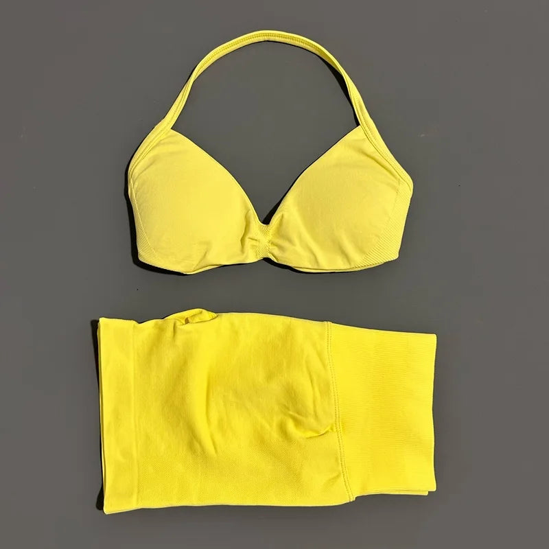 2 Piece Sport Set Women Seamless Yoga Tank Bra High Waist Scrunch Bum Gym Shorts Sets Fitness Running Workout Suit