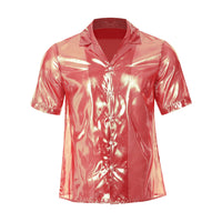 Mens  Shine Button See Through Shirt Top for Disco Party Rave Outfits Turn-down Collar Hip Hop Blouses Beachwear Rave Clubwear
