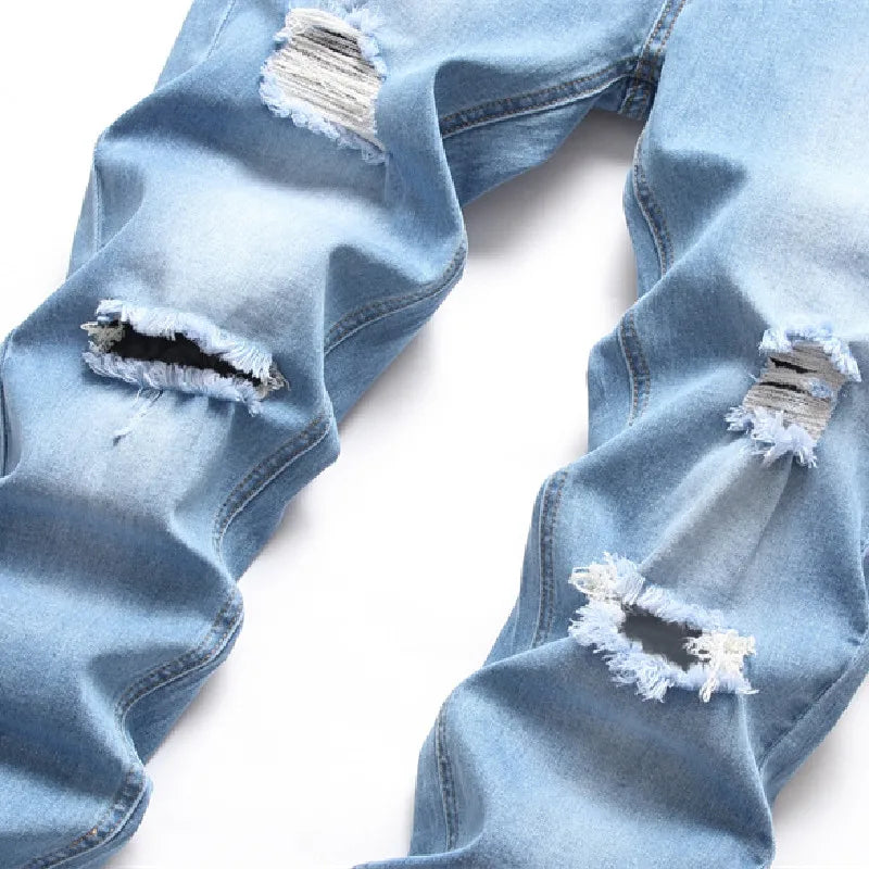 Men Holes Stretch Skinny Beggar Jeans Pants Spring Street Ripped Distressed Male Pencil Denim Pants