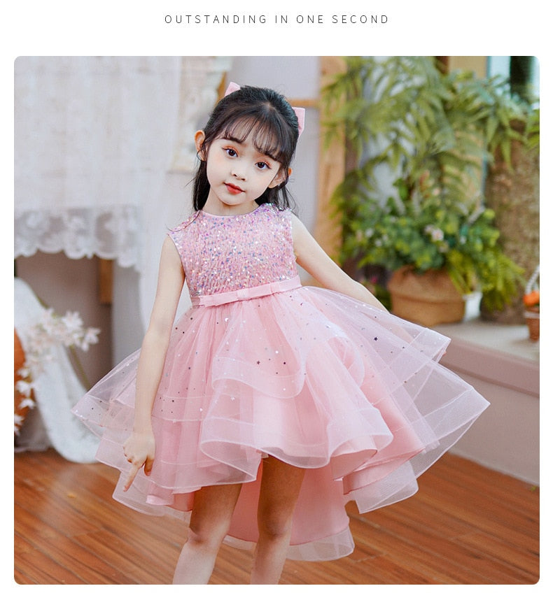 Glitter Sequin Hi-Lo Child Flower Girl Dresses Birthday Tulle Sleeveless Bow Starry Princess Kids Wedding Party Formal Gown