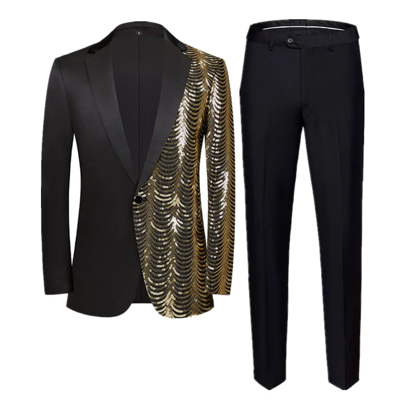 Red Sequin Blazer & Pants Set , Men's Shiny Party Outfit Suits for Weddings, Concerts & Festive Celebrations