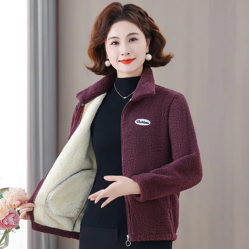 Winter Mother's Attire New Jacket Middle-Aged And Elderly Women's Fleece-Lined Woolen Sweatshirt Warm  Stand Collar Top