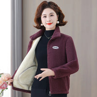 Winter Mother's Attire New Jacket Middle-Aged And Elderly Women's Fleece-Lined Woolen Sweatshirt Warm  Stand Collar Top