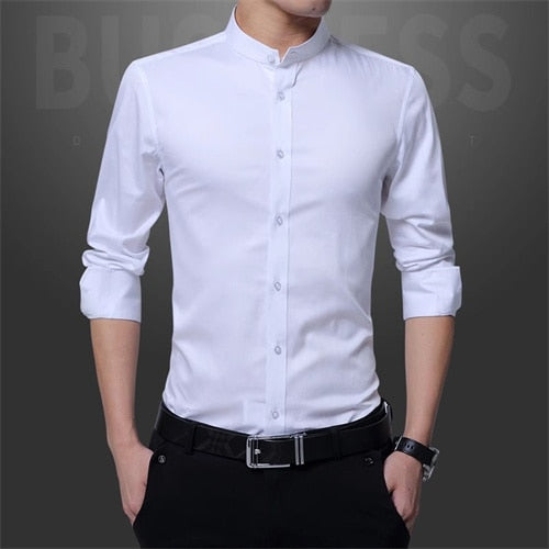 New Men Business Shirts Black/White Fashion Elegant Male Stand Collar Long Sleeve Tops Homme Wedding Party Dresses