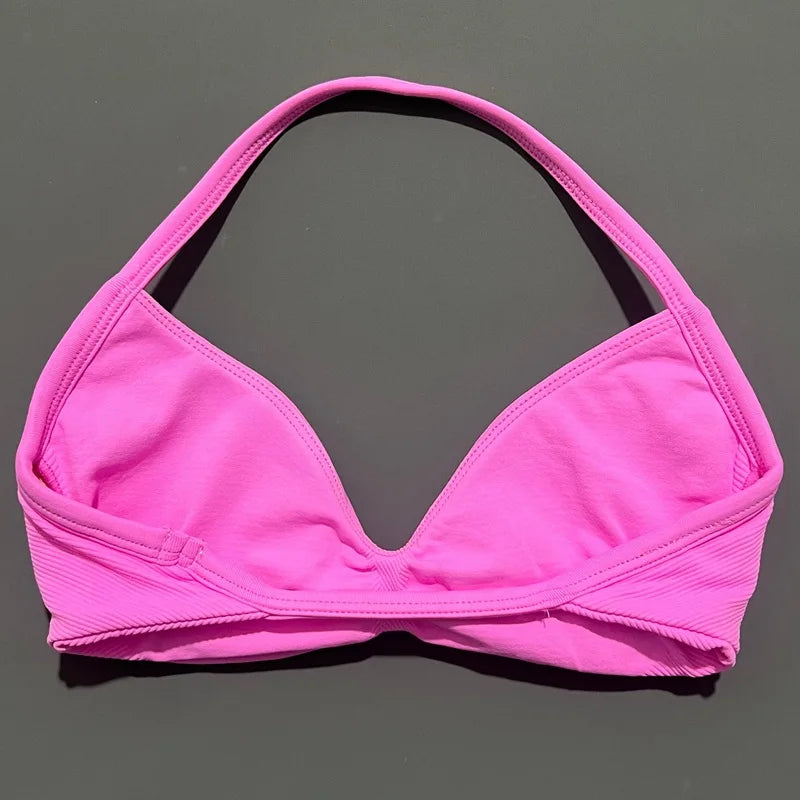 HISTELLO Sports Bra Seamless Halter Thin Strap High Support Scrunch Women Removable Pads Gym Fitness Workout Yoga Clothes