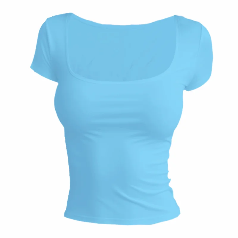 Short Sleeve T-shirt for Women Summer 2026 Solid Color Elastic Square-cut Collar slim fit Tops Sexy Y2k Street Wear Tee Fashion