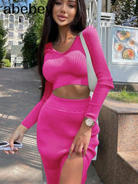 2022 Knitted Winter Women Sexy Sweater Skirt Suit Y2K Fashion Long Sleeve Crop Tops And Long Split Skirt Dress Two Piece Sets