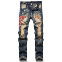 Vintage Blue Ripped Tiger Head Embroidered Men's Jeans Mid-waist Slim Fashion Pencil Pants Street Trend