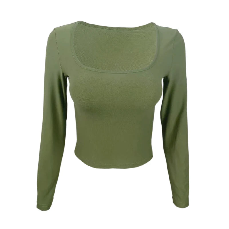 Long Sleeve T-shirt Slim Tops Sexy Woman Clothing Square-Cut Collar Close-fitting Tee Shirt Street Wear Fall 2025 New 2523