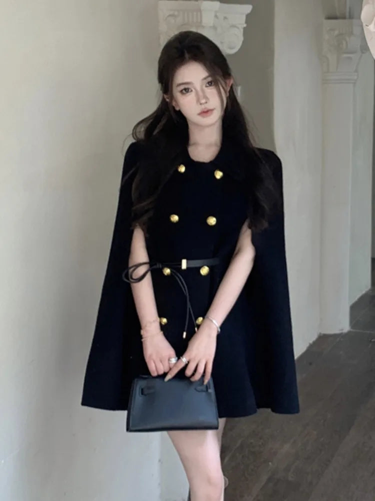 Double-breasted Elegant Woolen Coats For Women Korean Fashion Casual Cloak Overcoat Ladies Loose Jacket Female Outerwears Tops