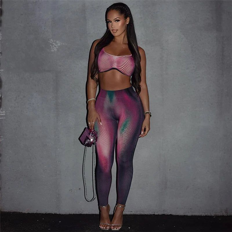 Women Sexy Tie Dye 2 Piece Set Supendency Striped Print Crop Tanks+Contast Color Matching Trousers Female Attractive Suits