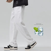 Men's White Jeans, Summer Thin Ice Silk Loose Straight Leg Wide Leg Pants, Fashionable Washed and Hanging Casual Versatile Pants