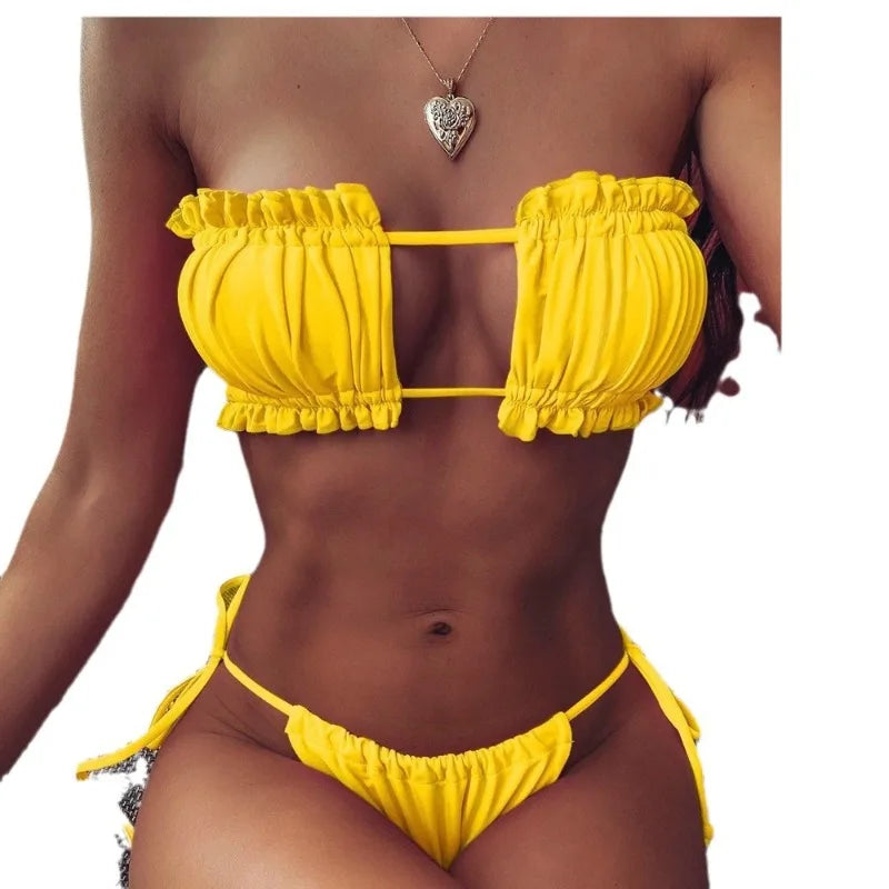 European and American Women's Multi-color Pleated Hollow Strap Two-piece Split Swimsuit Set Bikini Beach Vacation Photo Swimsuit