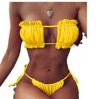 European and American Women's Multi-color Pleated Hollow Strap Two-piece Split Swimsuit Set Bikini Beach Vacation Photo Swimsuit