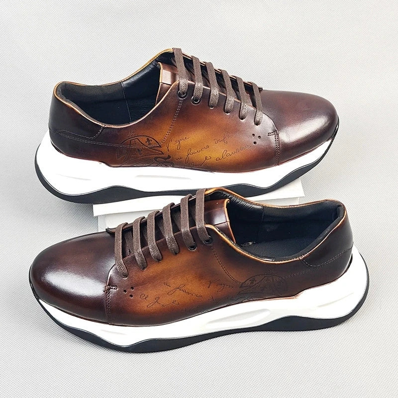 Luxury Handmade Genuine Cowhide Leather Casual Oxfords Mens Dress Shoes Height Increasing Lace-up Flat Sneakers for Men