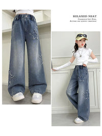 Girls Jeans 2025 Spring Autumn New Fashion Star Pattern Casual Denim Pants School Kids Trendy Teenage Children's Trousers 5-14T