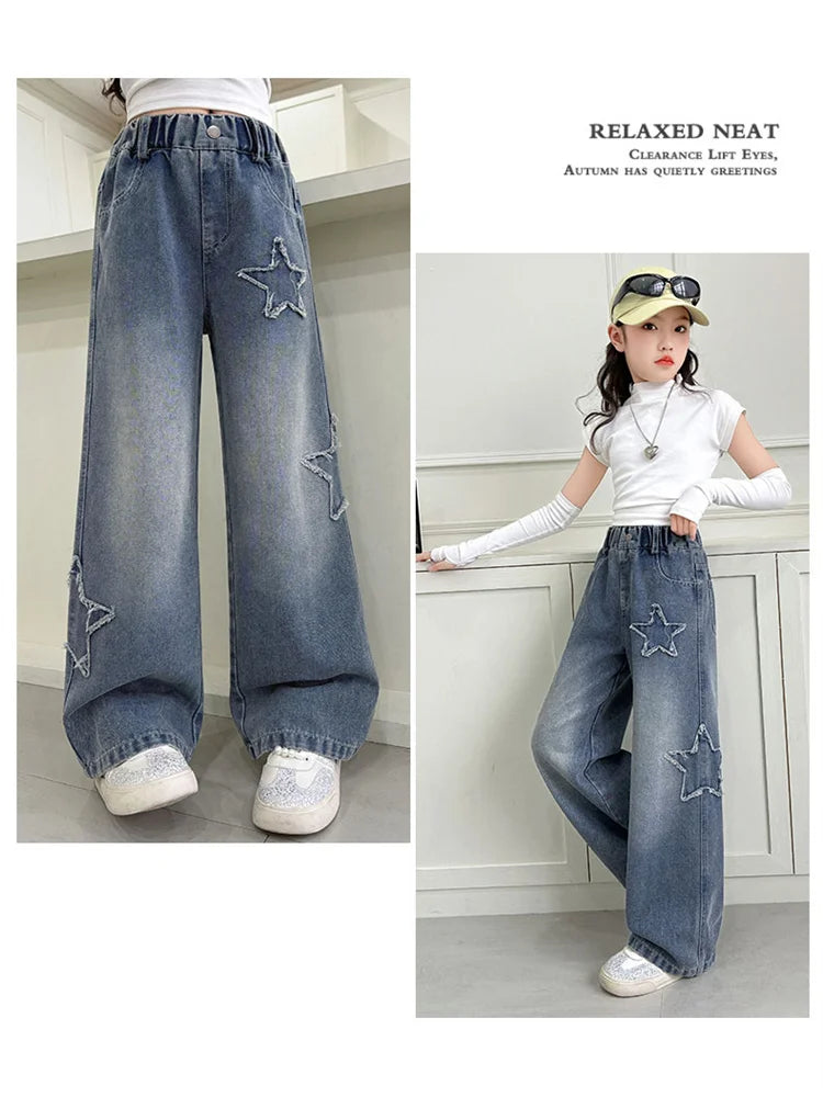 Girls Jeans 2025 Spring Autumn New Fashion Star Pattern Casual Denim Pants School Kids Trendy Teenage Children's Trousers 5-14T