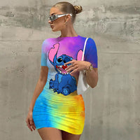 Disney Stitch Design Seaside Spice Girls Short Skirt Women's Tight Pack Hip Sexy Mini Slim tight Beach Dress Ladies Summer New