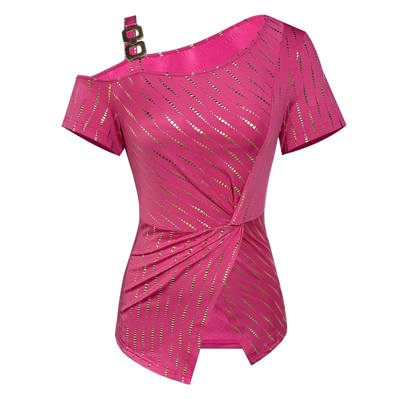 Women's T-shirt Spring Summer Hot Pink Gold Stripe One Shoulder Cutout Twist Front Valentine's Day Sexy Party Top