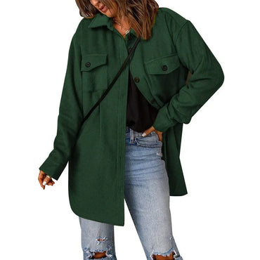 Winter Women Woolen Coat Top Elegant New 2024 Fashion Long Sleeve Turn Down Collar Single Breated Pocket Loose Jacket Outwear