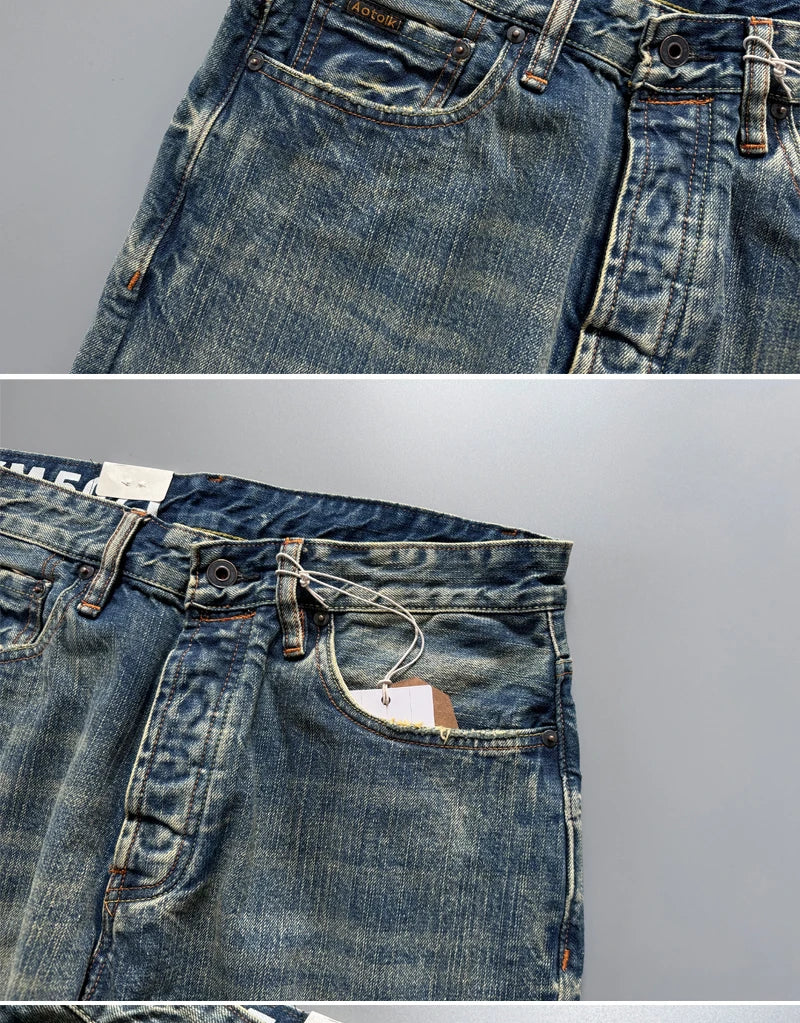 Men's Japanese Indigo Blue Selvedge Straight Leg Denim Jeans for Men Artisan Vintage Spring Washed with Raw Hem Detailing