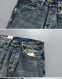 Men's Japanese Indigo Blue Selvedge Straight Leg Denim Jeans for Men Artisan Vintage Spring Washed with Raw Hem Detailing