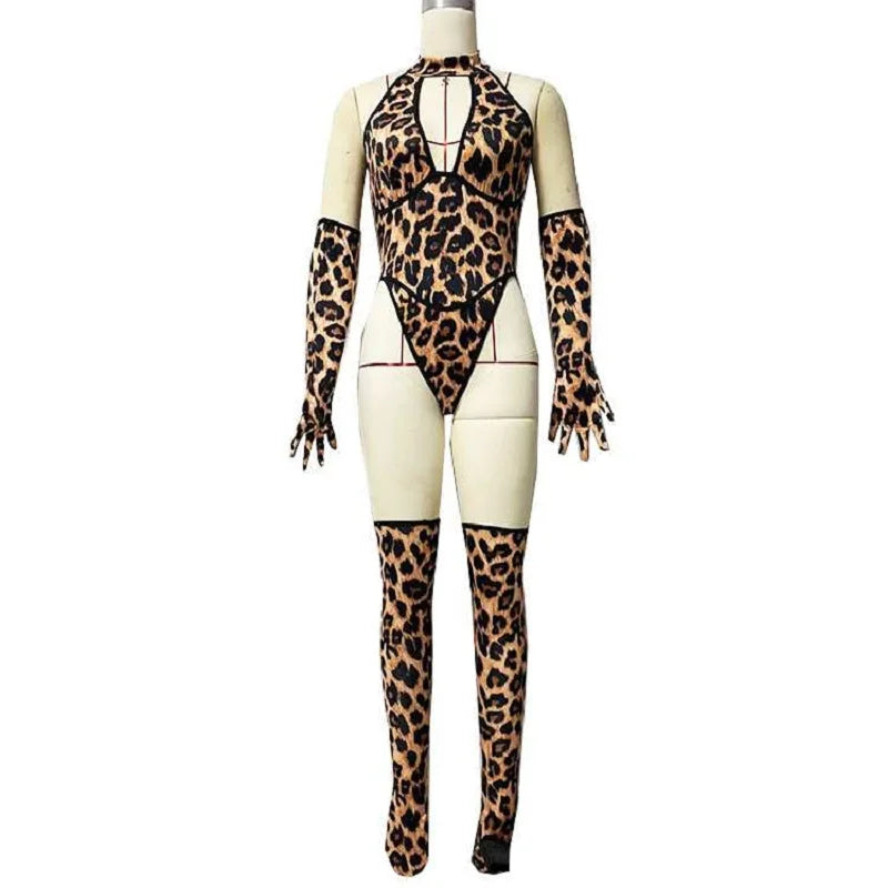 New Fashion Women's Sexy V-Neck Leopard Bodysuit Lady Erotic Cosplay Cat Underwear Night Club Costumes Party Outfit