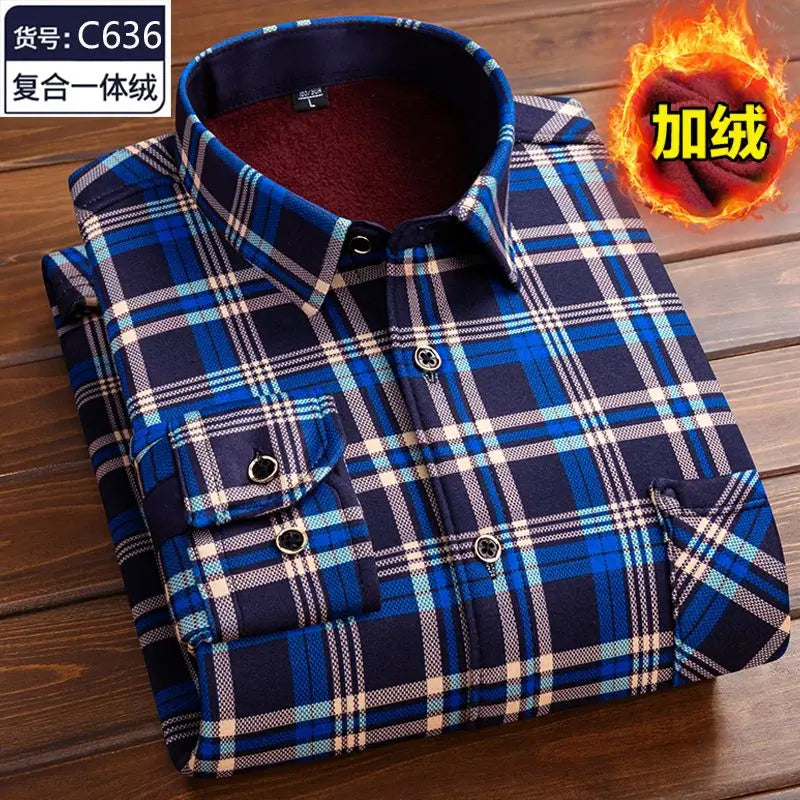 Autumn and Winter Men's Long-sleeved Fleece Shirt Thermal Shirt Plaid Jacket Clothes Men's Clothing Streetwear Men Shirts